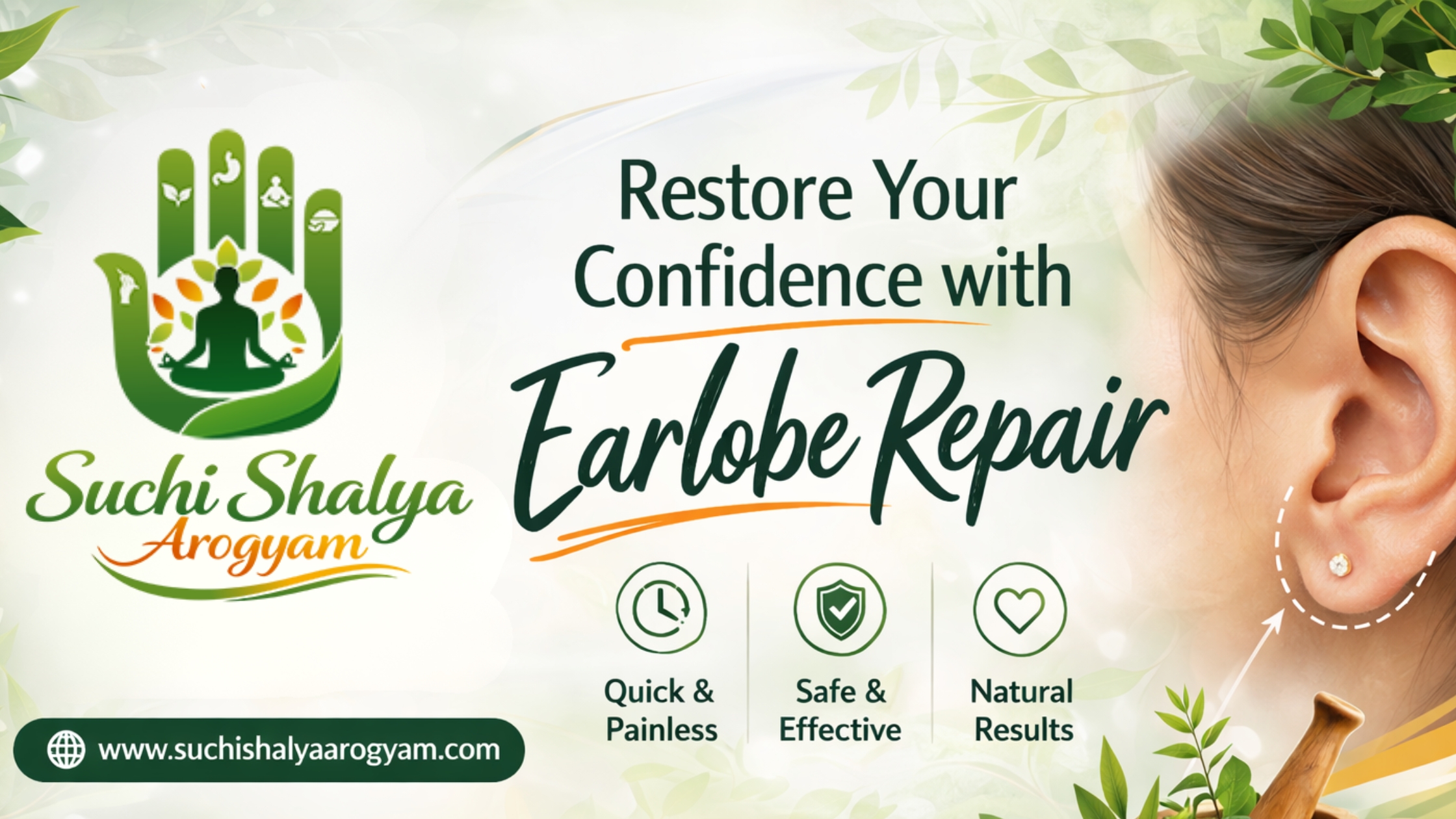 Safe Earlobe Repair clinic – before after results and treatment banner