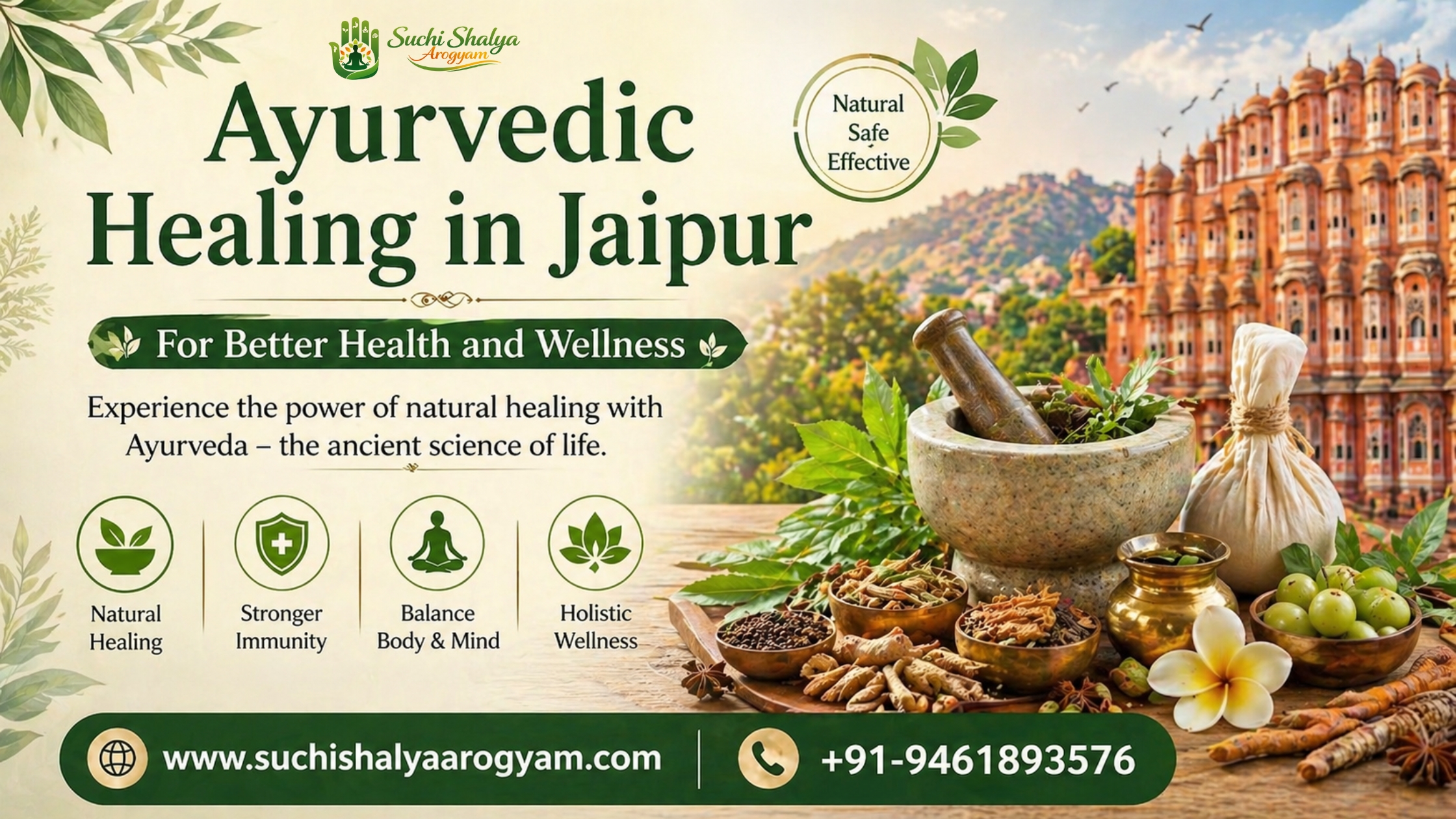 Ayurvedic healing in Jaipur with natural herbs and wellness treatment banner including contact details