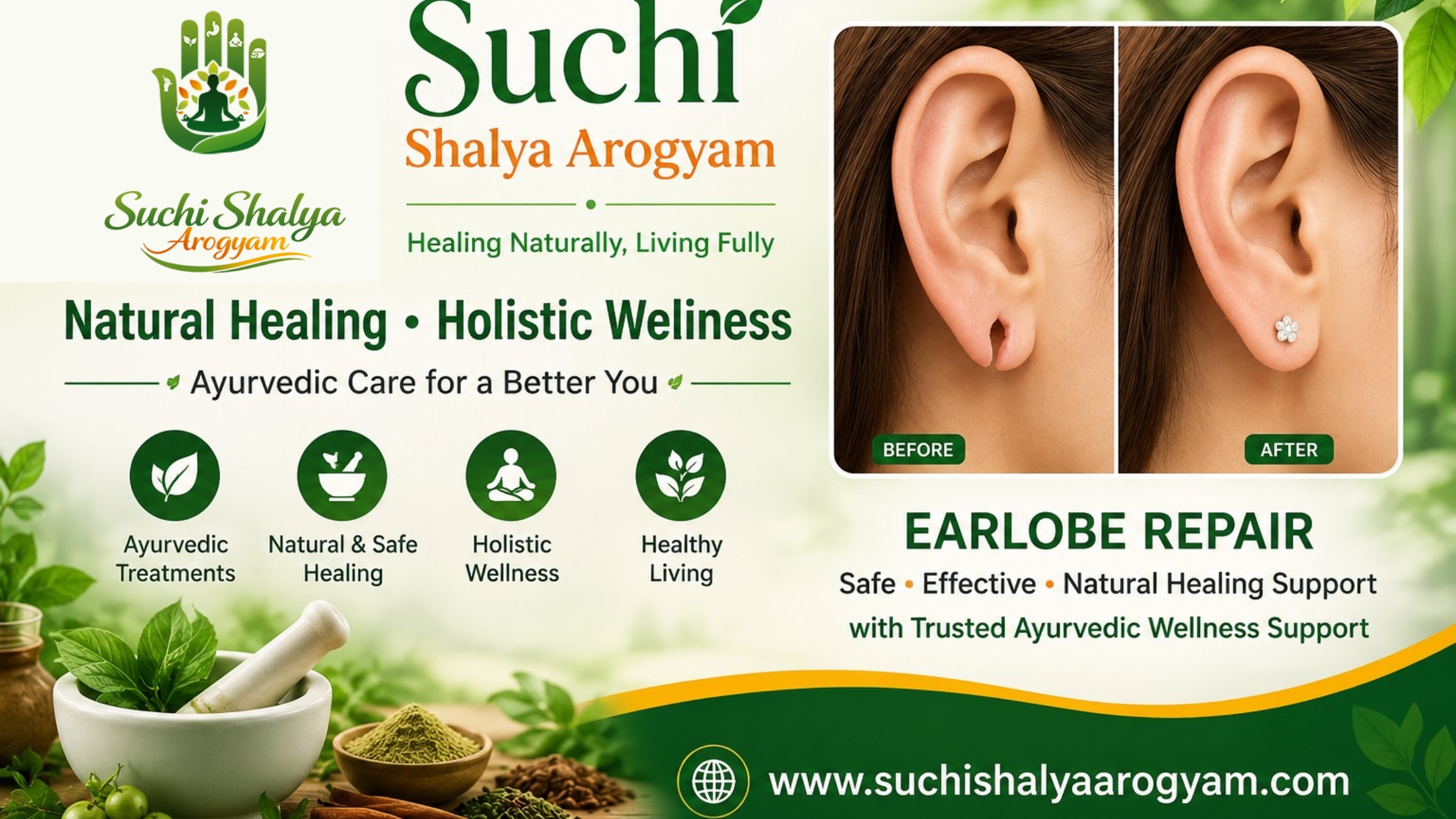 Ayurvedic earlobe repair treatment banner with natural healing support and Suchi Shalya Arogyam wellness care services