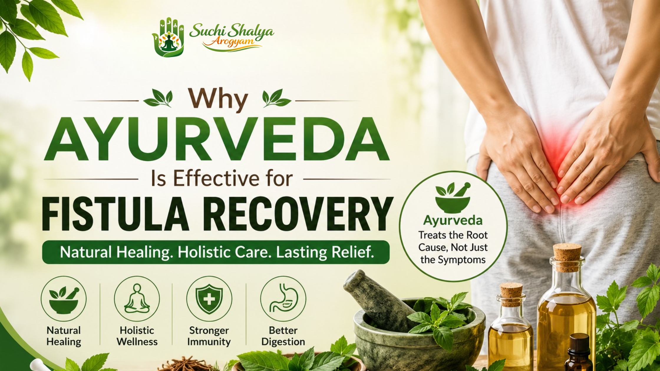Ayurvedic fistula recovery banner featuring natural healing treatment, herbal wellness care, and holistic Ayurvedic therapy for long-term relief.