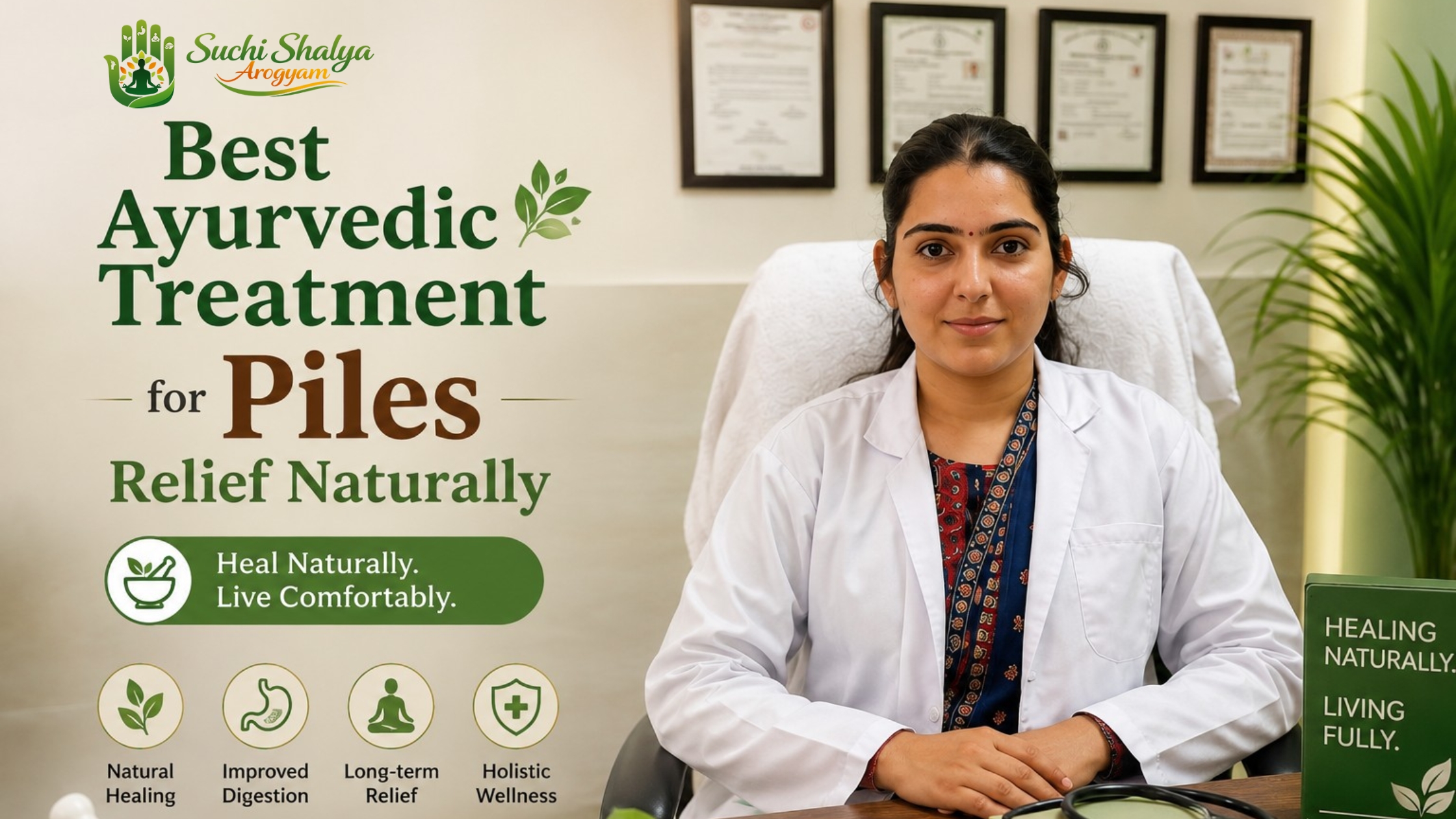 Female Ayurvedic doctor providing natural piles treatment and holistic digestive wellness care at Suchi Shalya Arogyam clinic.